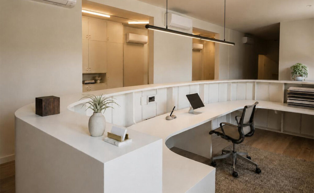 Padova – Bancone Reception Su Misura In Krion Snow White In Solid Surface Gp Design Vicenza.